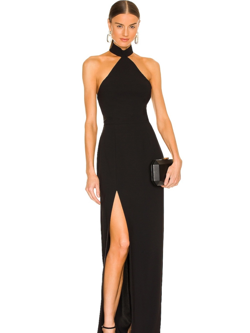 Amanda Uprichard Black Halter Maxi Dress with Front Slit
